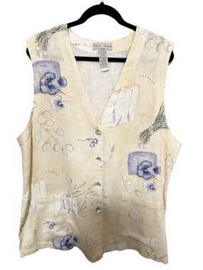 Vintage 90’s 1X Linen Poppy Lavender Garden Floral Vest Prairie Cottage Country